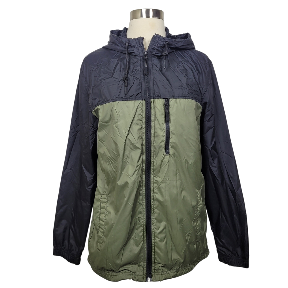 H&M Men's Green Black Two-Tone Colorblock Hooded Windbreaker Jacket Size Small
